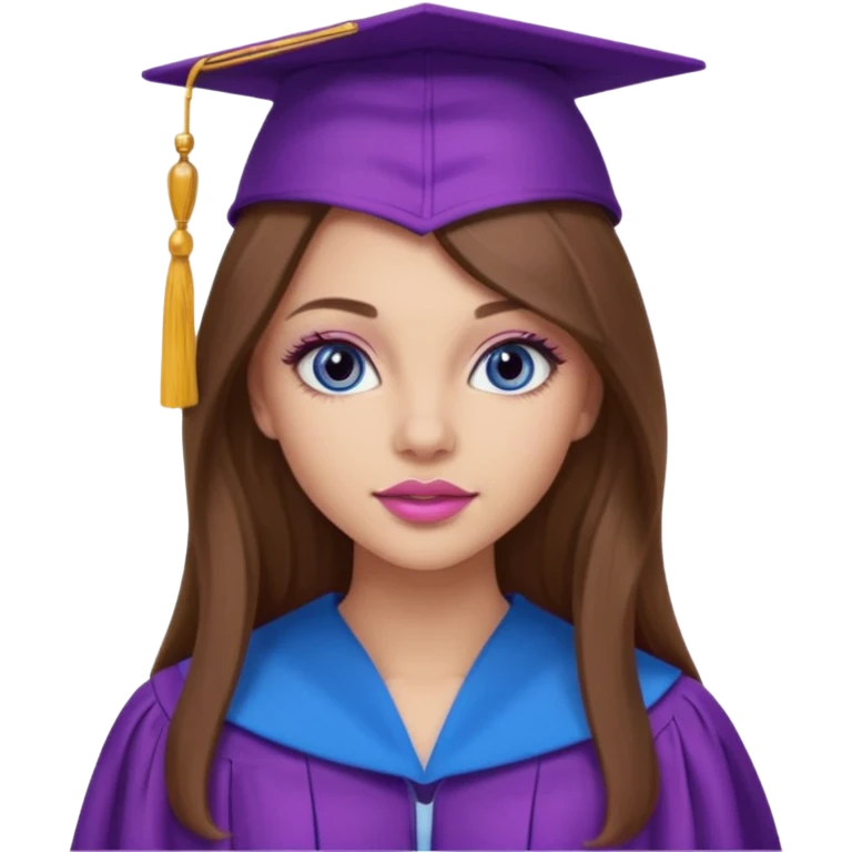 girl with gorgeous long brown hair, blue eyes, long lashes makeup, sexy pink lips, wearing a purple graduation cap and gown emoji