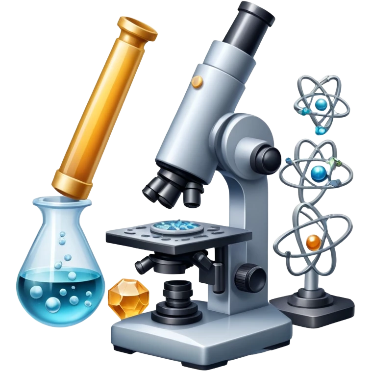 An icon featuring a microscope, a metal sample, and atomic structure symbols, symbolizing materials science. The design includes crystal lattices, polymers, and lab tools, representing the study of material properties and engineering. Transparent background highlights scientific analysis. emoji