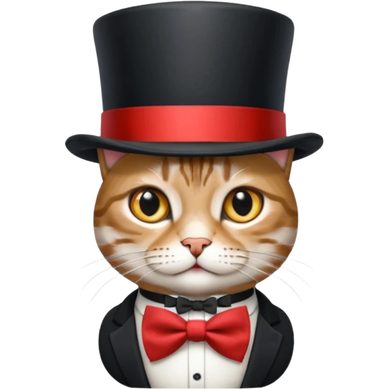 Grey tabby cat in top hat and bow tie emoji