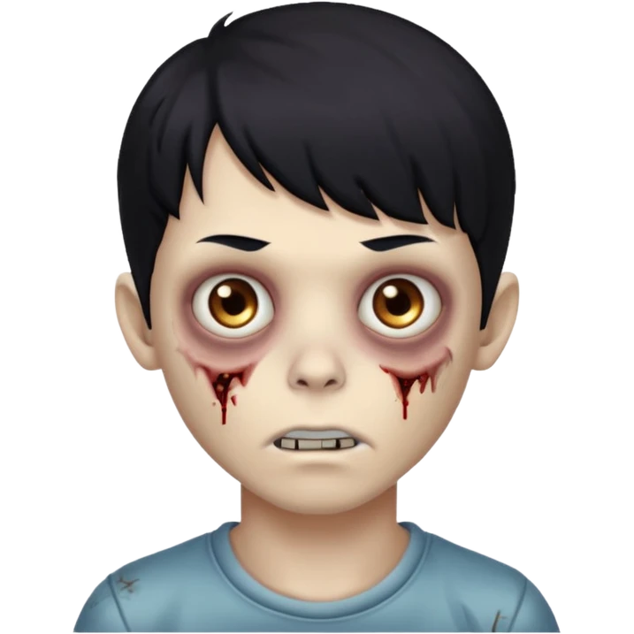 Garoto zombie, de cabelo preto, olhos castanhos claros, cabelo um pouco cacheado com franja emoji