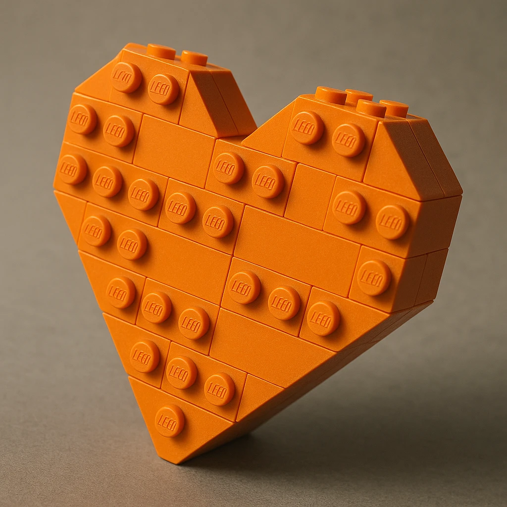 an orange LEGO heart, slightly tilted, detailed brick texture emoji