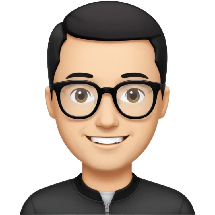 Light-skinned man with black hair in very short almost-buzz cut (minimal length but visible), short graying beard, big black glasses frames, happy smile, black long sleeve shirt with zip at neck emoji