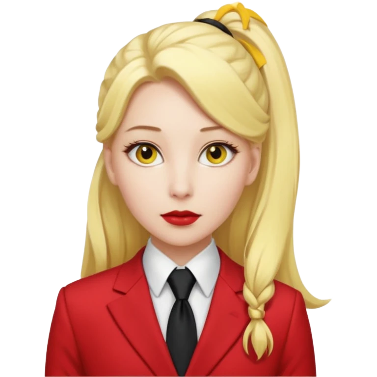 Woman with porcelain white skin, thick blonde hair that's in a thick, long ponytail, has a black nose, yellow scleras, red pupils, and a red suit with a black tie. emoji
