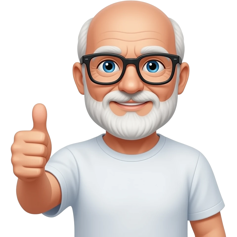 old bald man with white beard, blue eyes, black glasses, thumbs up, t shirt emoji