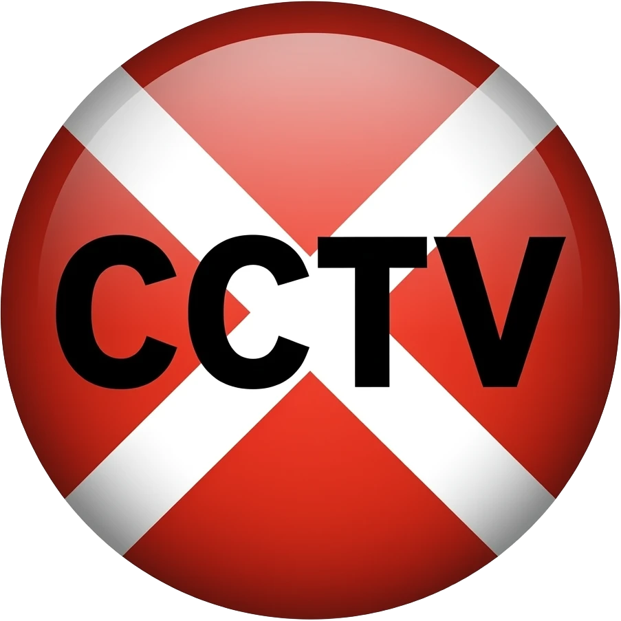 Red filled circle with white X and arrow on all end points on the X white circle in the middle. Big bold CCTV word in the centre in black emoji