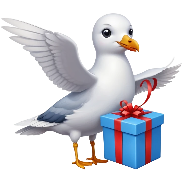 A seagull holds a gift box with its wings emoji