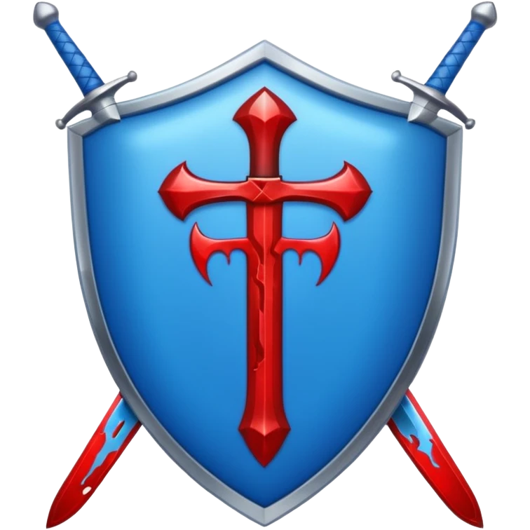 shiny vibrant blue oval shield with a vertical sword behind it, blood effect on the sword, apple emoji style emoji