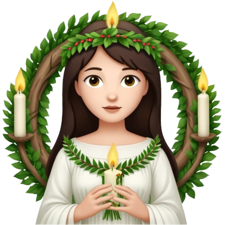  saint lucia with dark brown hair with a white gown and a wreath made from greenery and candles on top of it emoji