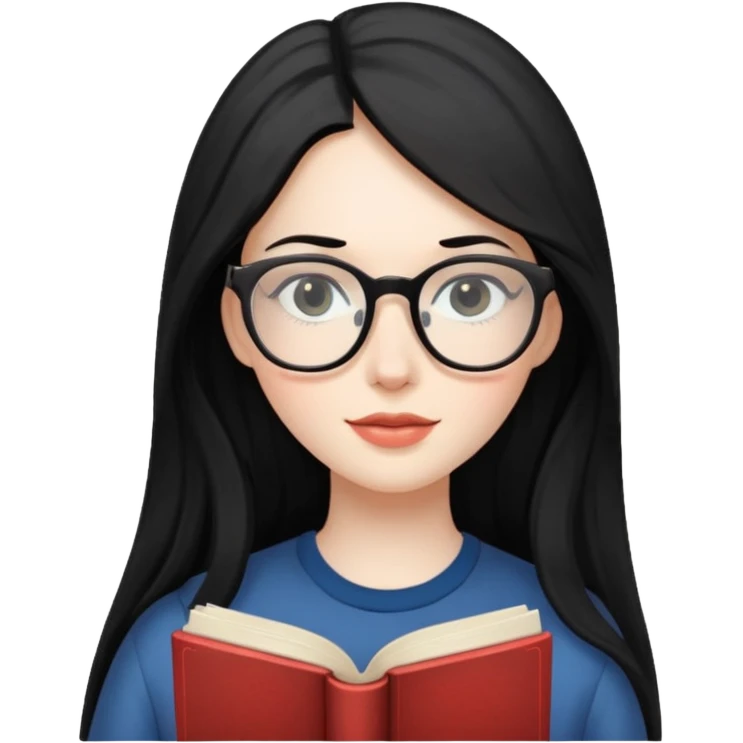 long black haired women with book with optical emoji