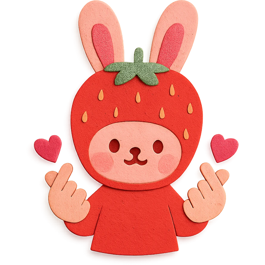 strawberry bunny making finger hearts, paper-craft style emoji