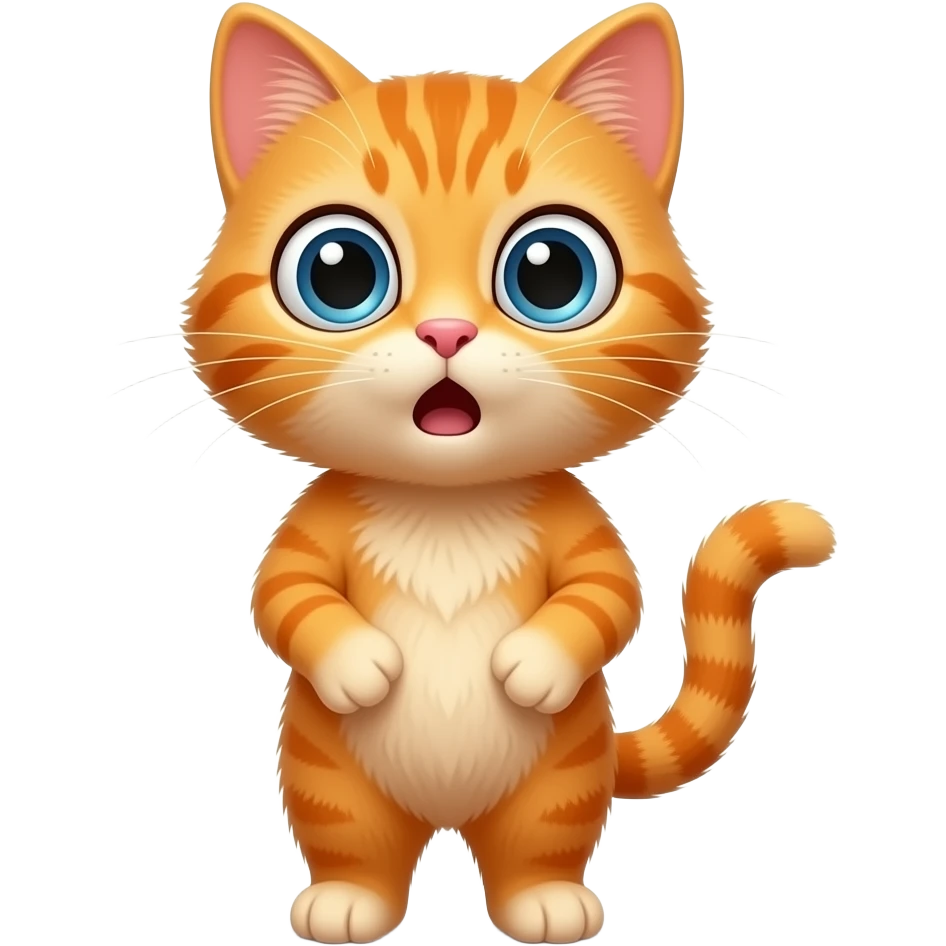A little orange cat standing up like a little person, looking very surprised. All his body ia orange. emoji