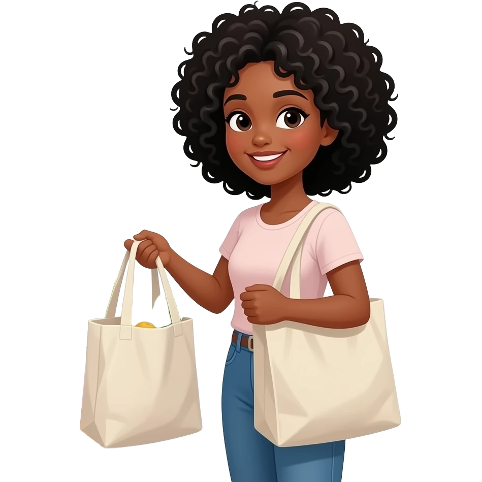 A medium-dark skinned woman with black curly hair at the grocery store shopping. emoji