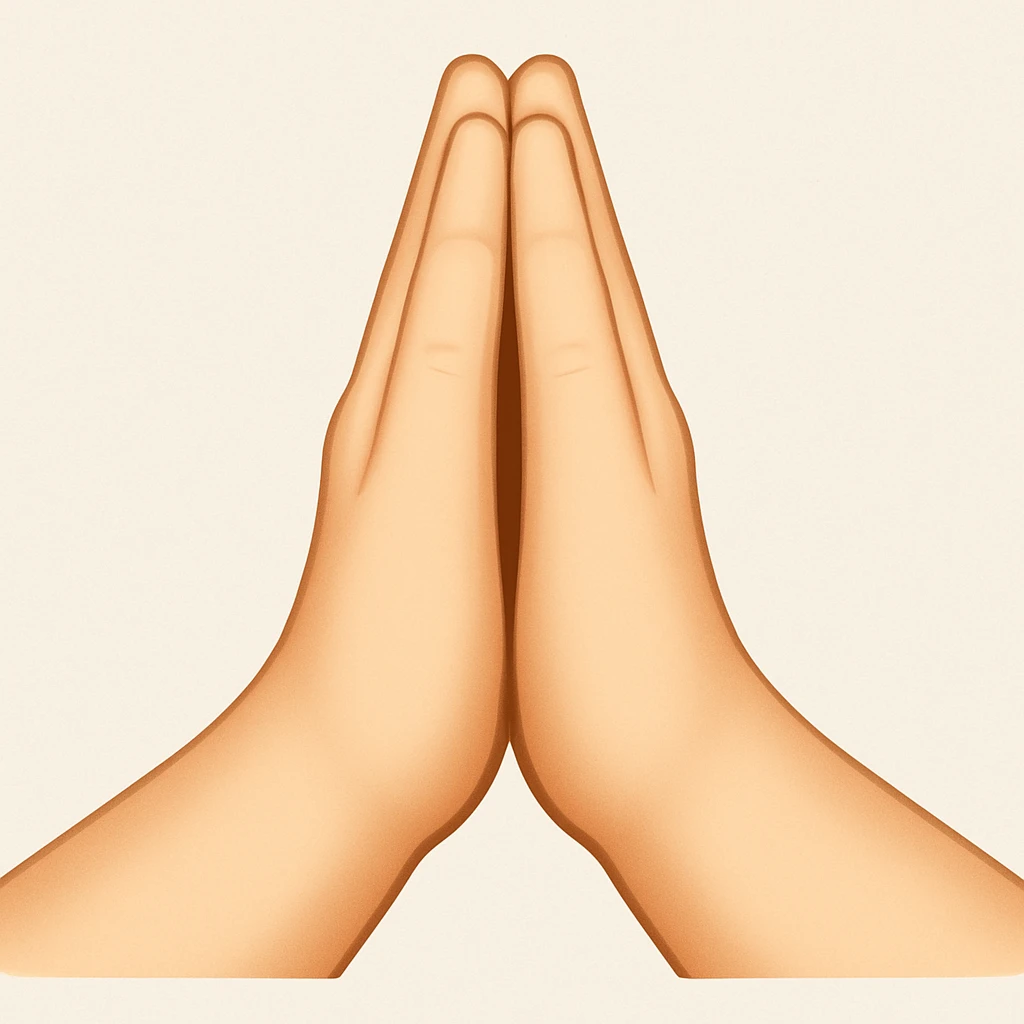 Caucasian hands pressed together, praying, point of view with thumbs in front, in emoji style. emoji