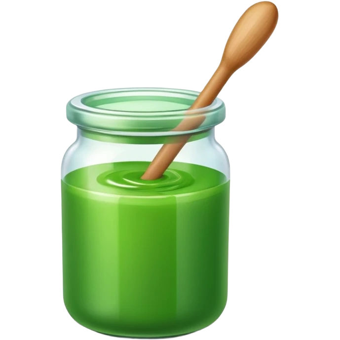 A small open plastic jar of vibrant green wax, wooden stick inside emoji
