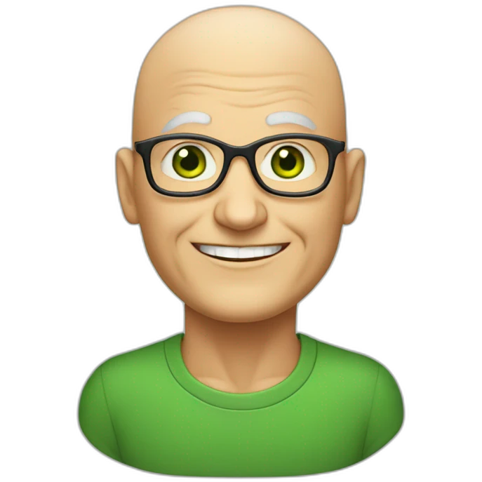 50 year teacher with smiling face and no hair, intelligent strong green eyes, emoji