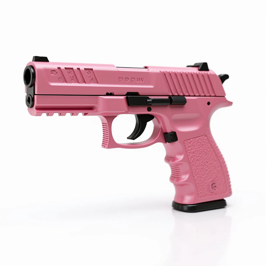 photorealistic pink pistol with heart motifs engraved on the handle, metallic shine, isolated on white emoji
