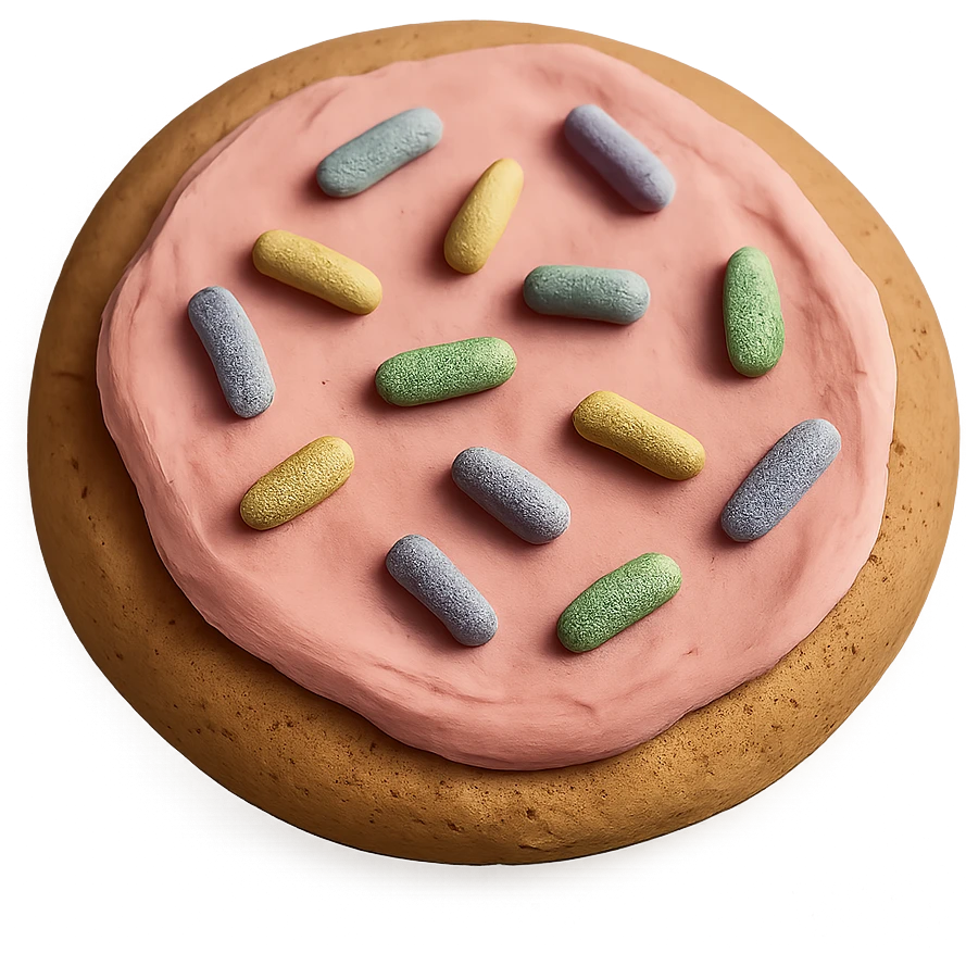sugar cookie with pink frosting and pastel sprinkles emoji