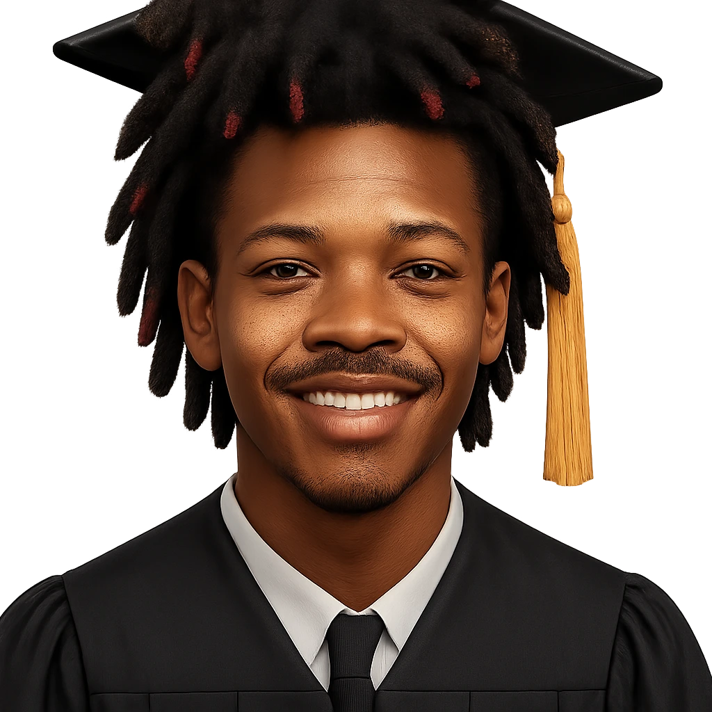 Create a male African American graduate emoji based on the person in the reference photo, capturing his hairstyle and facial features accurately. He should be wearing a graduation cap and gown, smiling warmly. The background should be removed, isolating the subject. The style should be realistic and suitable for an emoji representation. emoji