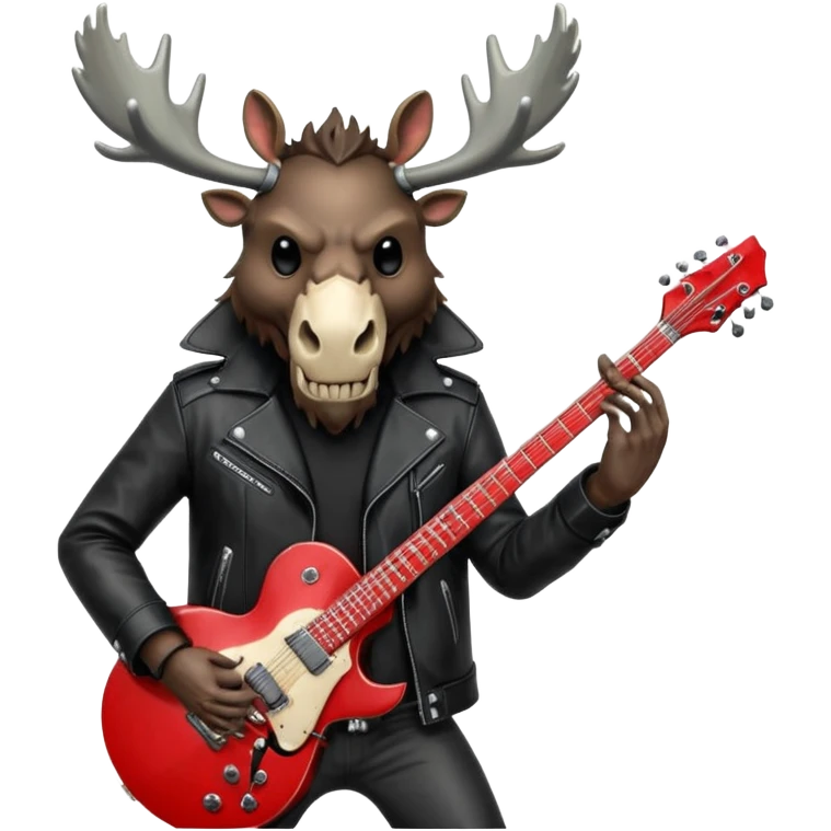 A evil moose headed man with a red electric guitar. The guitar should be pointing directly in the air. And the moose man should look evil and intimidating. match the style of your bleeding skull art , it needs to be much "less cartoonist looking". emoji