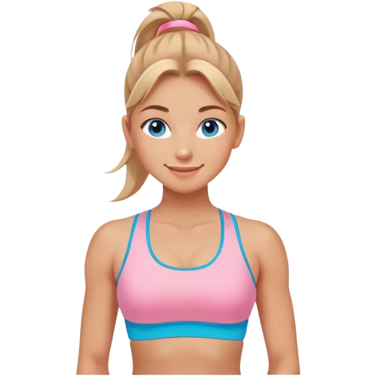 Fit wellness girl – sun-kissed skin, high ponytail, bright blueish eyes, baby pink sports-bra, calm confident smile emoji