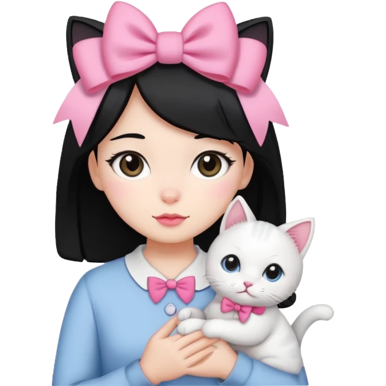A gurl black hair with one pink bow holding one white cat emoji
