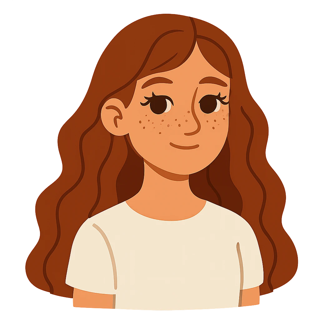 flat-toon style adolescent girl with long wavy hair, freckles, long eyelashes, white top, no background emoji