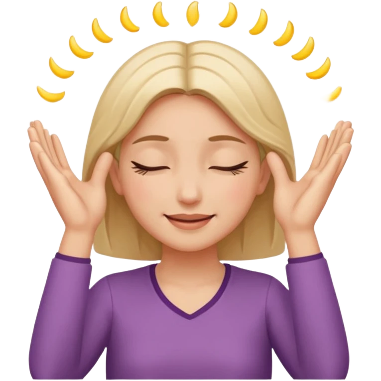 The girl with her eyes closed holds her temples with both hands and smiles slightly emoji