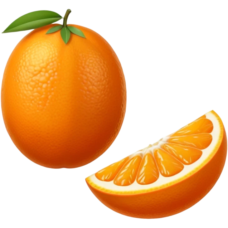 small oval citrus fruit with smooth glossy orange skin, whole and halved to show juicy segments and tiny seeds, firm slightly dimpled texture, miniature scale, no leaves or extras, soft lighting, subtle shadows, emoji scale emoji