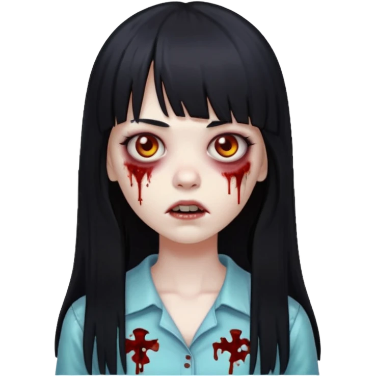 Faça uma menina de cabelo liso preto com franja zumbi cabelo longo 🧟‍♀️ faça ela assim emoji