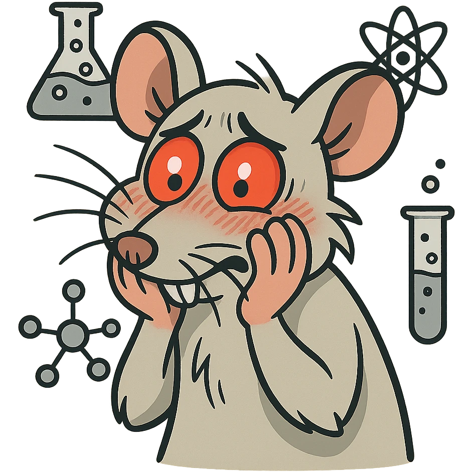 An embarrassed lab rat with red glowing eyes, blushing cheeks, paws on face, light gray fur, cartoon style with detailed whiskers and scientific elements, not in kawaii style. emoji