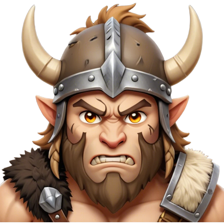 Clash of Clans aesthetic: Cinematic Fierce Barbarian Portrait Emoji, Poised and bold with a rugged yet cartoonish build in tattered furs and a horned helmet, his face rendered in a natural skin tone (not yellow), expressive bright eyes and a confident smirk, Simplified yet dynamic features, highly detailed, glowing with a vivid, adventurous aura, high shine, heroic and spirited, stylized with an air of medieval warrior charm, focused and energetic, soft glowing outline, capturing the essence of a fearless barbarian adventurer ready to lead his clan with spirited valor! emoji