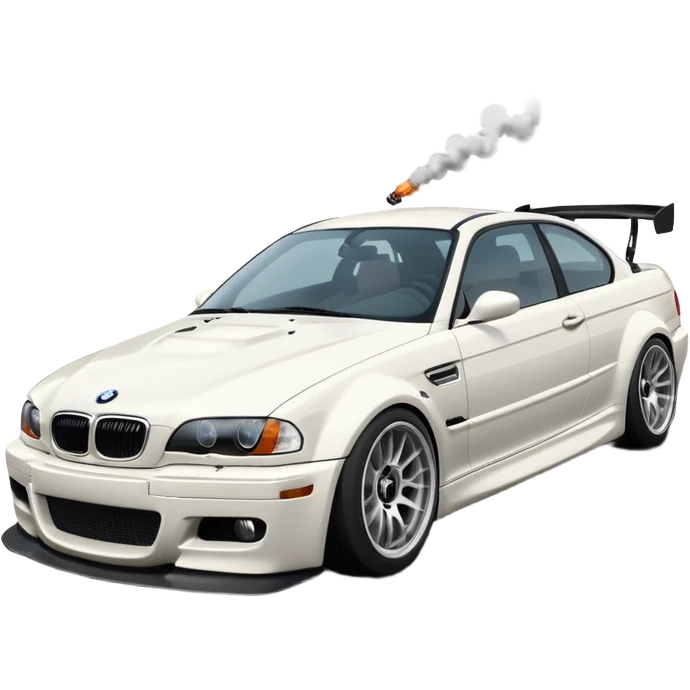

A white BMW M3 E46, seen from behind at a certain angle, is drifting through a corner; the wheels are not straight, they are changing according to the rotation of the drift. emoji