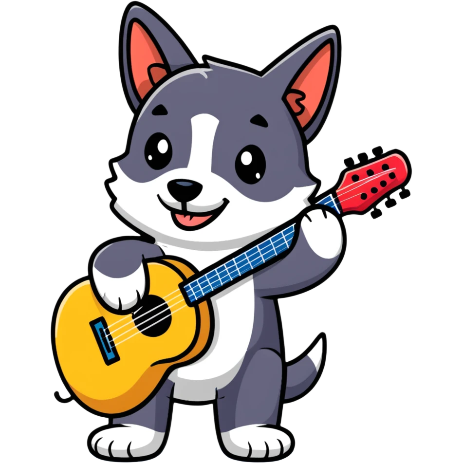 dog playing guitar, cartoonish emoji