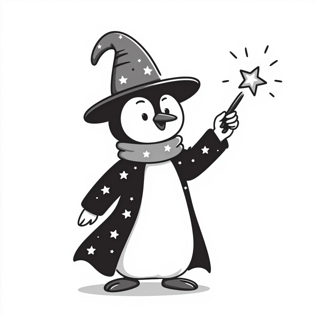 penguin wizard with a starry robe and glowing wand, hand-drawn doodle style emoji