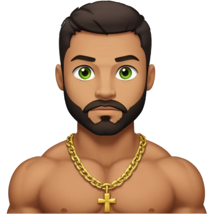 green eyes, dark short hair, muscular shoulders, wide cross, gold chain, big lips big nose big eyes, masculine good looking, dark beard, muscular strong looking emoji