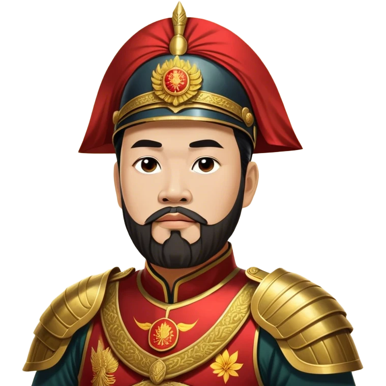 ​Cinematic Realistic Portrait of Trần Hưng Đạo, depicted as a revered Vietnamese general with his characteristic traditional Vietnamese beard and historic armor, his determined gaze illuminated by dramatic historical lighting that evokes his legendary martial spirit and leadership, emoji