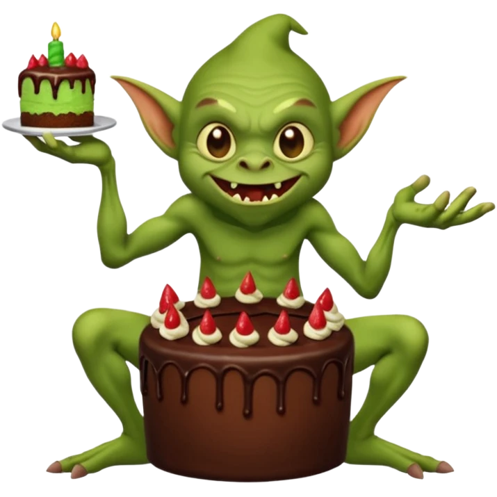Evil Goblin eating cake with long arms and short legs emoji