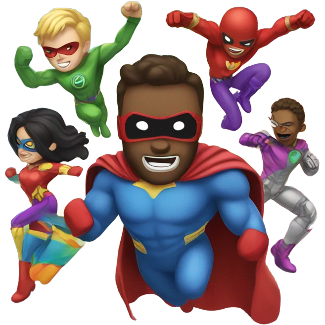 super hero fighting villains with a rainbow suit emoji