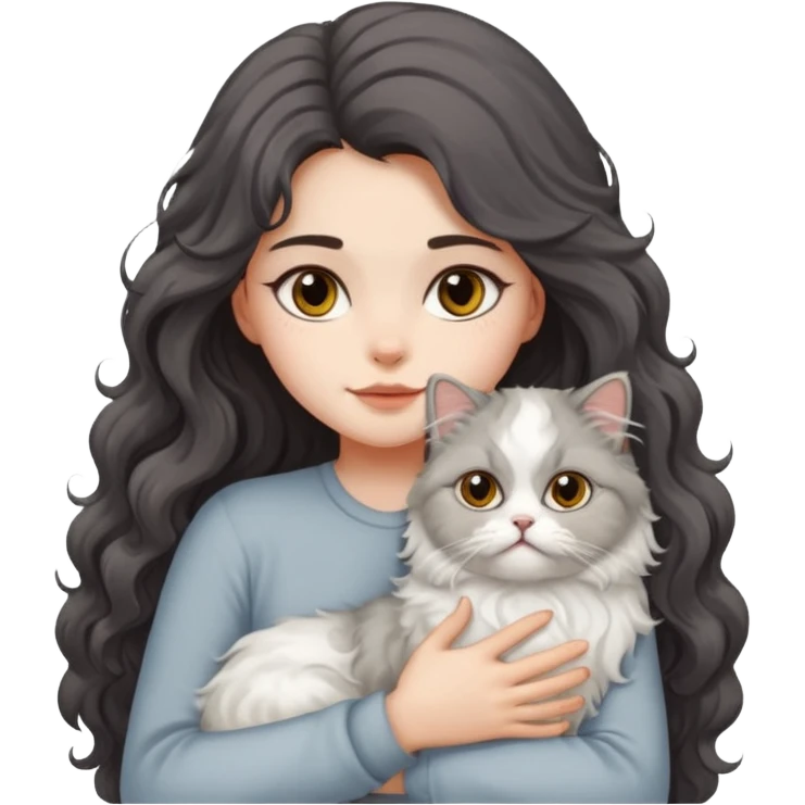 a girl with long dark wavy hair hug a fluffy persian cat with dominant white body and gray on its forehead  emoji
