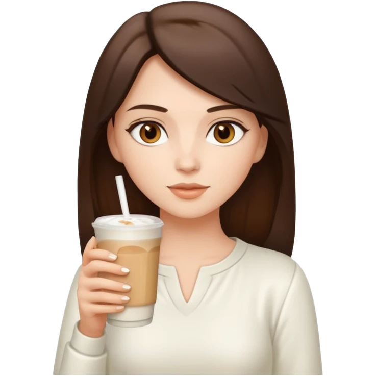 white brunette with brown eyes and a white outfit, drinking a caramel machiatto emoji
