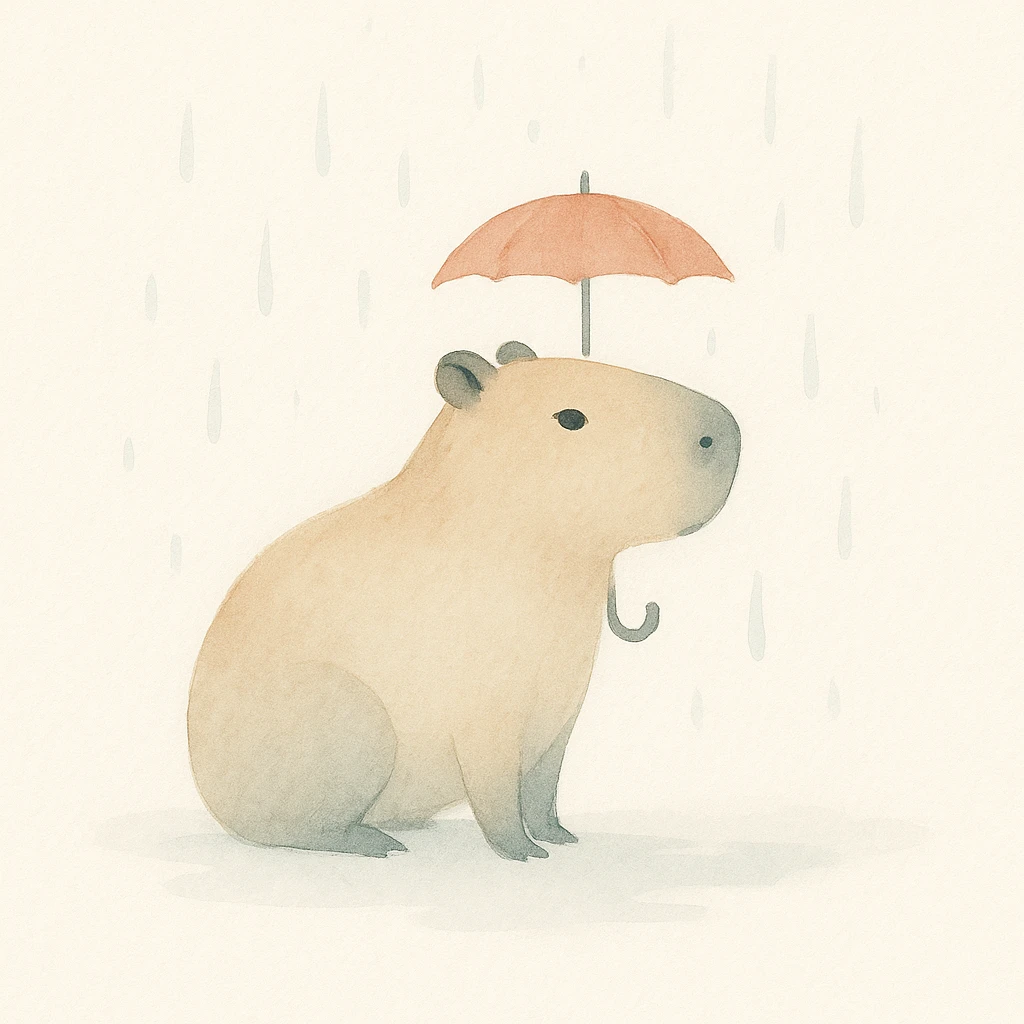 capybara holding a tiny umbrella in the rain, style 4, watercolor art style emoji