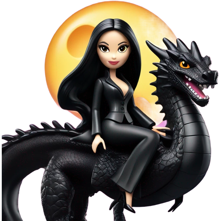  beautifully dressed teen Morticia Addams Barbie Jedi flying on the back of a very large black shiny evil-looking fire-spewing dragon. proper scale emoji
