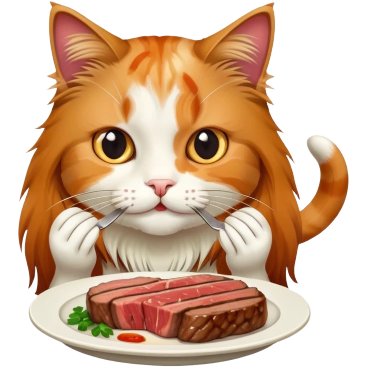 Long haired cat eating a steak emoji