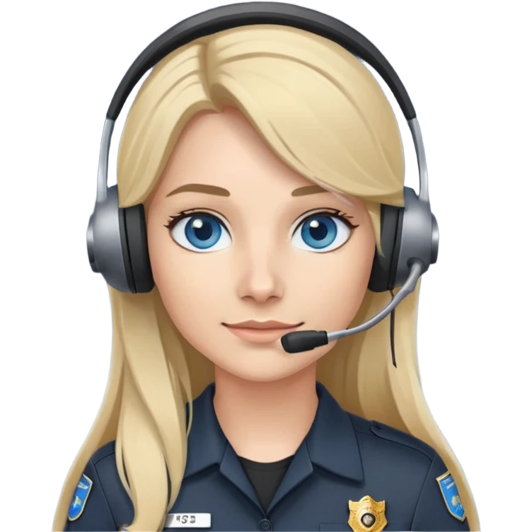 911 dispatcher dark gray uniform, blue eyes, long blond hair, head set emoji
