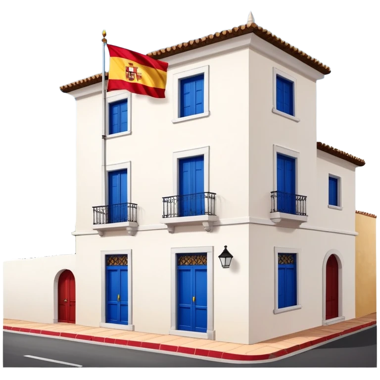 Andalusian-style Spanish house with white walls, blue windows, Spanish flag (red-yellow-red horizontal stripes) hanging from a small flag pole on the facade emoji