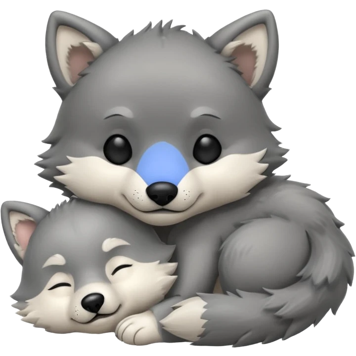 cute baby wolf sleeping with a little wolf stuffed animal emoji