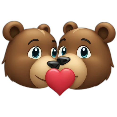 Female bear and male bear kissing, face only, hearts above them emoji