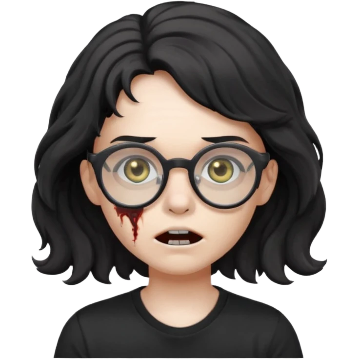 zumbie cabelo ondulado médio preto, camiseta preta, oculos redondo masculino emoji