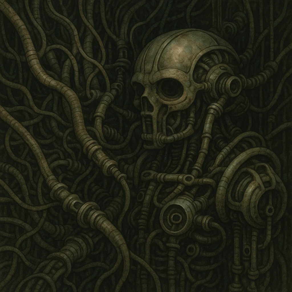 organic wires merging with mechanical elements, Giger-esque, detailed and eerie emoji