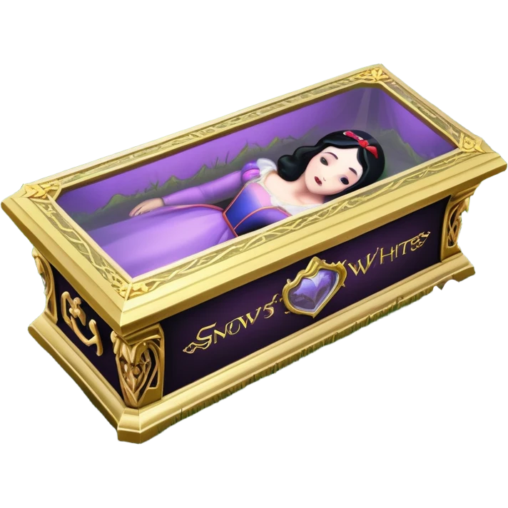 Snow White's coffin in the image is a highly symbolic piece, embodying both solemnity and fairytale charm. It is designed with a transparent glass lid, allowing a clear view of Snow White lying inside in her pure and untouched beauty. The frame around the lid and the base of the coffin is made of gold-colored metal, intricately carved in a Gothic style. Along the side of the coffin, the name “SNOW WHITE” is prominently displayed in ornate, medieval-style lettering, serving as an eternal tribute to the legendary character. The coffin is placed in a quiet forest clearing, resting on a bed of green grass and surrounded by clusters of colorful flowers—purple, pink, and white—which add a sacred and emotional atmosphere. The dwarfs stand nearby in silence, keeping watch and heightening the sense of reverence and sorrow. The entire design of the coffin harmoniously blends medieval artistry with mythical elements, honoring Snow White’s beauty while creating a legendary, fairytale-like setting. emoji